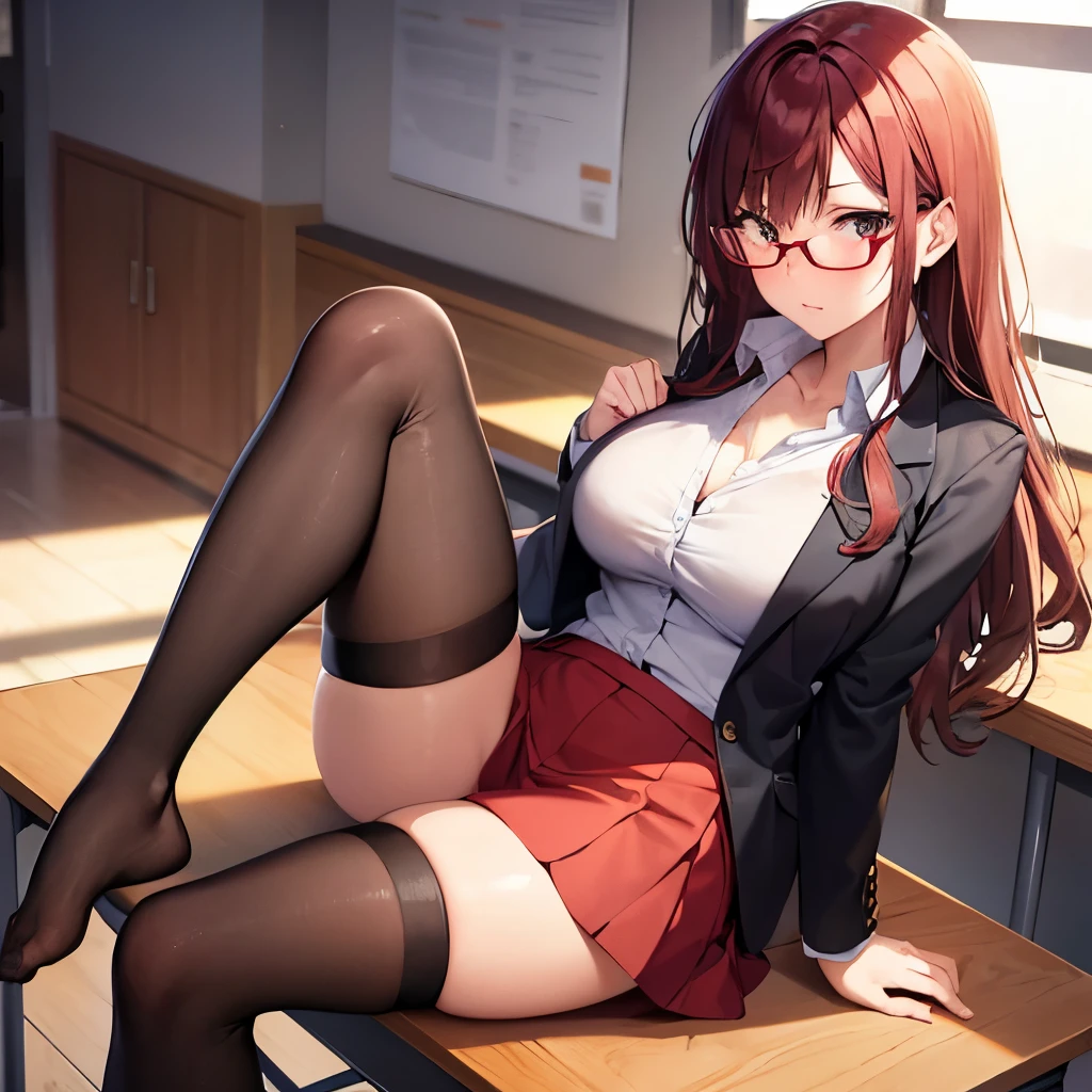 A hot teacher, sitting on the desk, tights, red high hills, brown long wavy hair, glasses, open clothes, no suit, short skirt, red underwear, a stern look, unbottoned shirt
