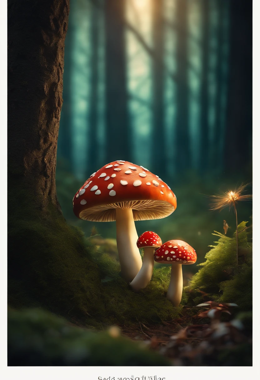 A whimsical, fairytale-inspired scene set in a magical forest, where vibrant mushrooms dot the forest floor and woodland creatures adorn the trees with twinkling lights