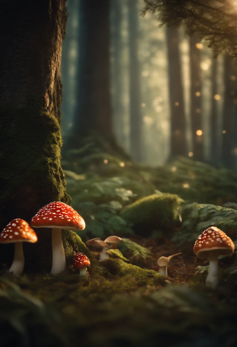 A whimsical, fairytale-inspired scene set in a magical forest, where vibrant mushrooms dot the forest floor and woodland creatures adorn the trees with twinkling lights