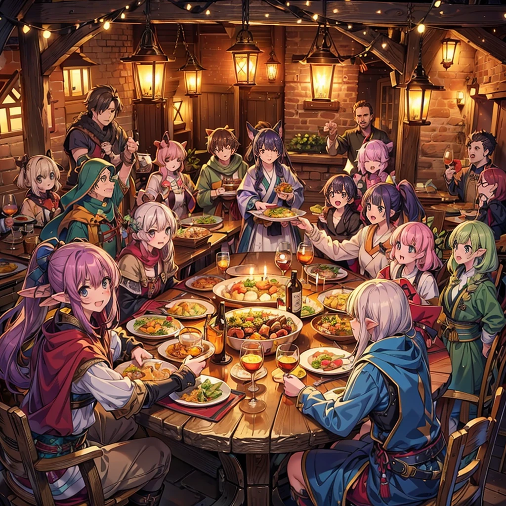 (masterpiece), best quality, ultra detailed, expressive eyes, perfect face,Fantasy art, a dozen people of different races toasting together in a medieval pub at night, Cheers with alcohol,reveling, happy, ecstasy, (exaggerated expressions:1.3), (exaggerated movements:1.5),Human,Elf,Dwarf,kemomimi, warrior, ranger, mage, archer, ninja, samurai, black hair, yellow hair, red hair, pink hair,purple hair, short hair, long hair, ponytail, twintails, (Lots of dishes on table:1.2) , (Large_meals on table:1.2), vivid color