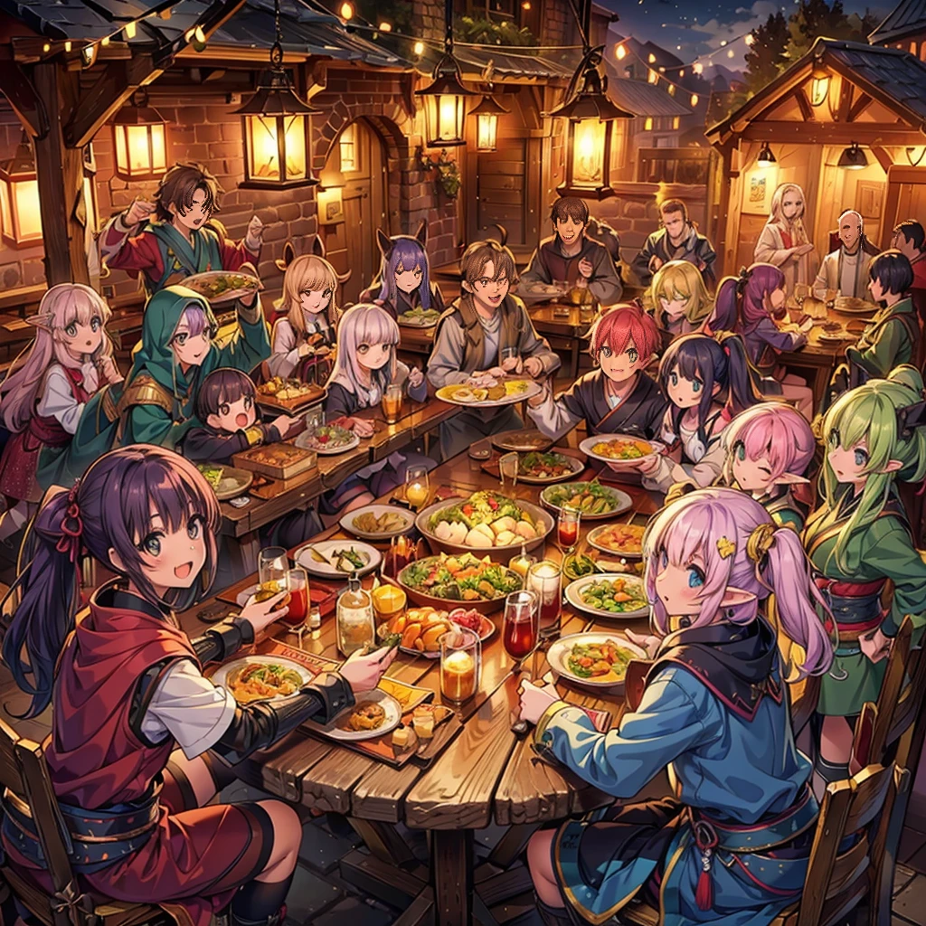 (masterpiece), best quality, ultra detailed, expressive eyes, perfect face,Fantasy art, a dozen people of different races toasting together in a medieval pub at night, Cheers with alcohol,reveling, happy, ecstasy, (exaggerated expressions:1.3), (exaggerated movements:1.5),Human,Elf,Dwarf,kemomimi, warrior, ranger, mage, archer, ninja, samurai, black hair, yellow hair, red hair, pink hair,purple hair, short hair, long hair, ponytail, twintails, (Lots of dishes on table:1.2) , (Large_meals on table:1.2), vivid color