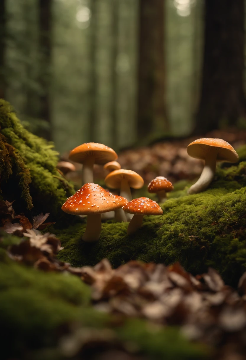 A whimsical, fairytale-inspired scene set in a magical forest, where vibrant mushrooms dot the forest floor and woodland creatures adorn the trees with twinkling lights
