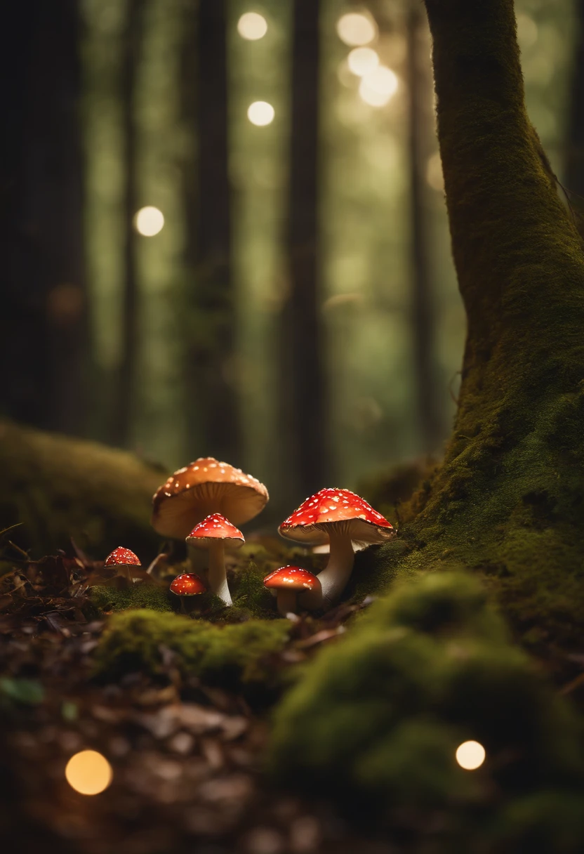 A whimsical, fairytale-inspired scene set in a magical forest, where vibrant mushrooms dot the forest floor and woodland creatures adorn the trees with ling lights