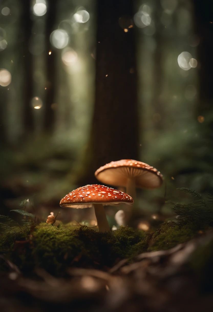 A whimsical, fairytale-inspired scene set in a magical forest, where vibrant mushrooms dot the forest floor and woodland creatures adorn the trees with twinkling lights