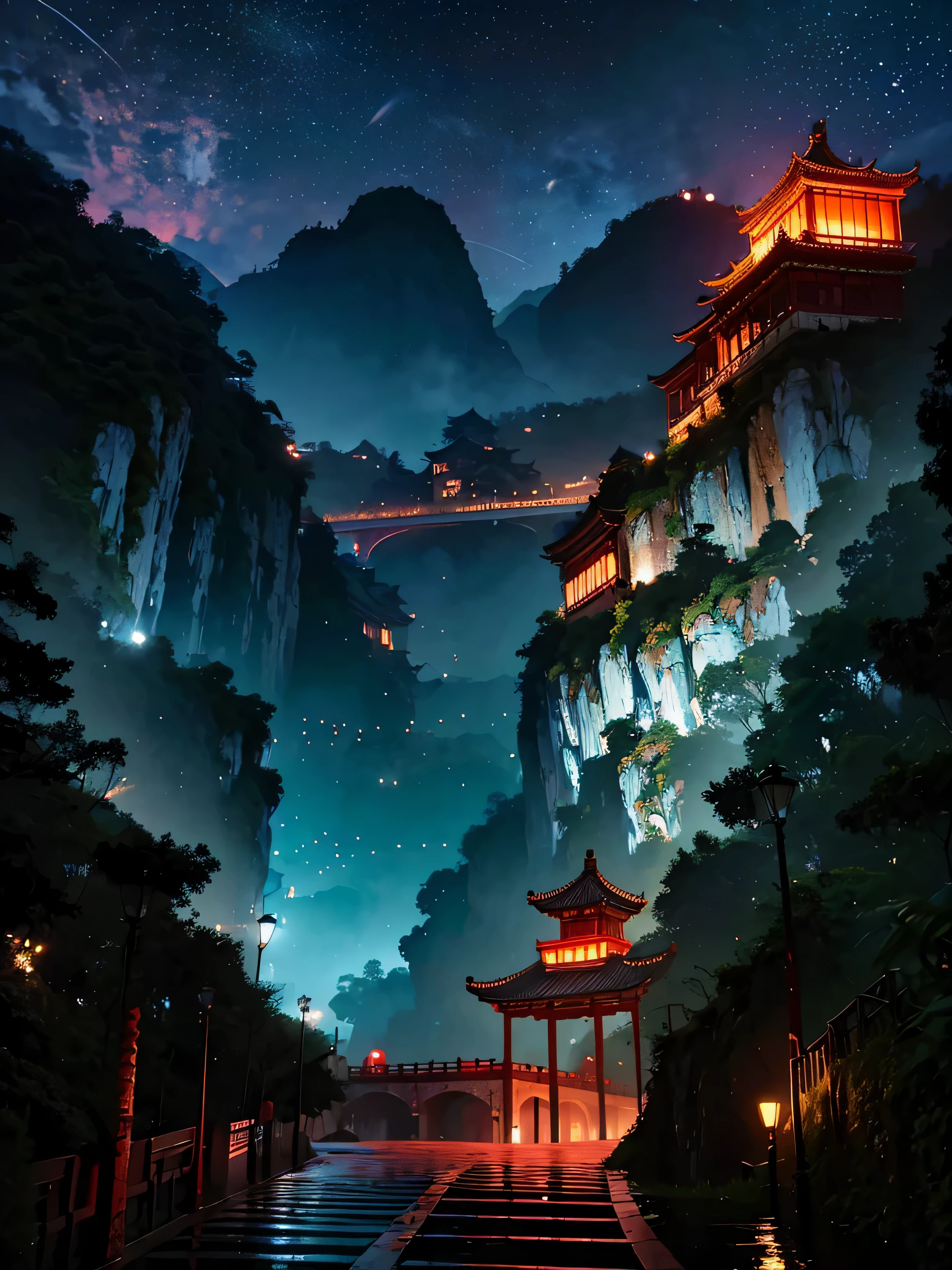 Arte Oficial, China antiga, Ruas Antigas, (muitos vagalumes), (Noiua), luzes, Beautiful landscapes, epic landscapes, realistic lighting, Obras, alta qualidade, graphics beautiful, High detail, global ilumination, Unreal Engine Rendering, octane rendering, (HDR:1.3)