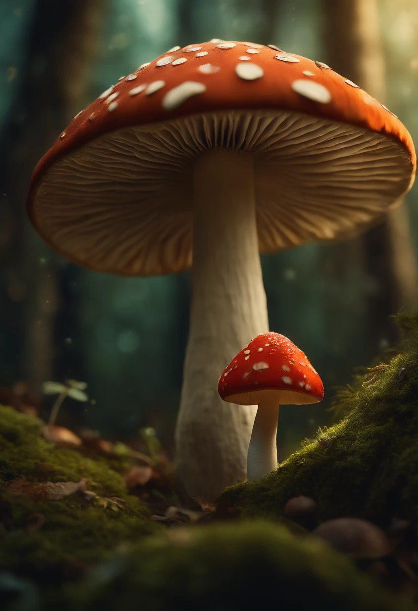 A whimsical, fairytale-inspired scene set in a magical forest, where vibrant mushrooms dot the forest floor and woodland creatures adorn the trees with twinkling lights