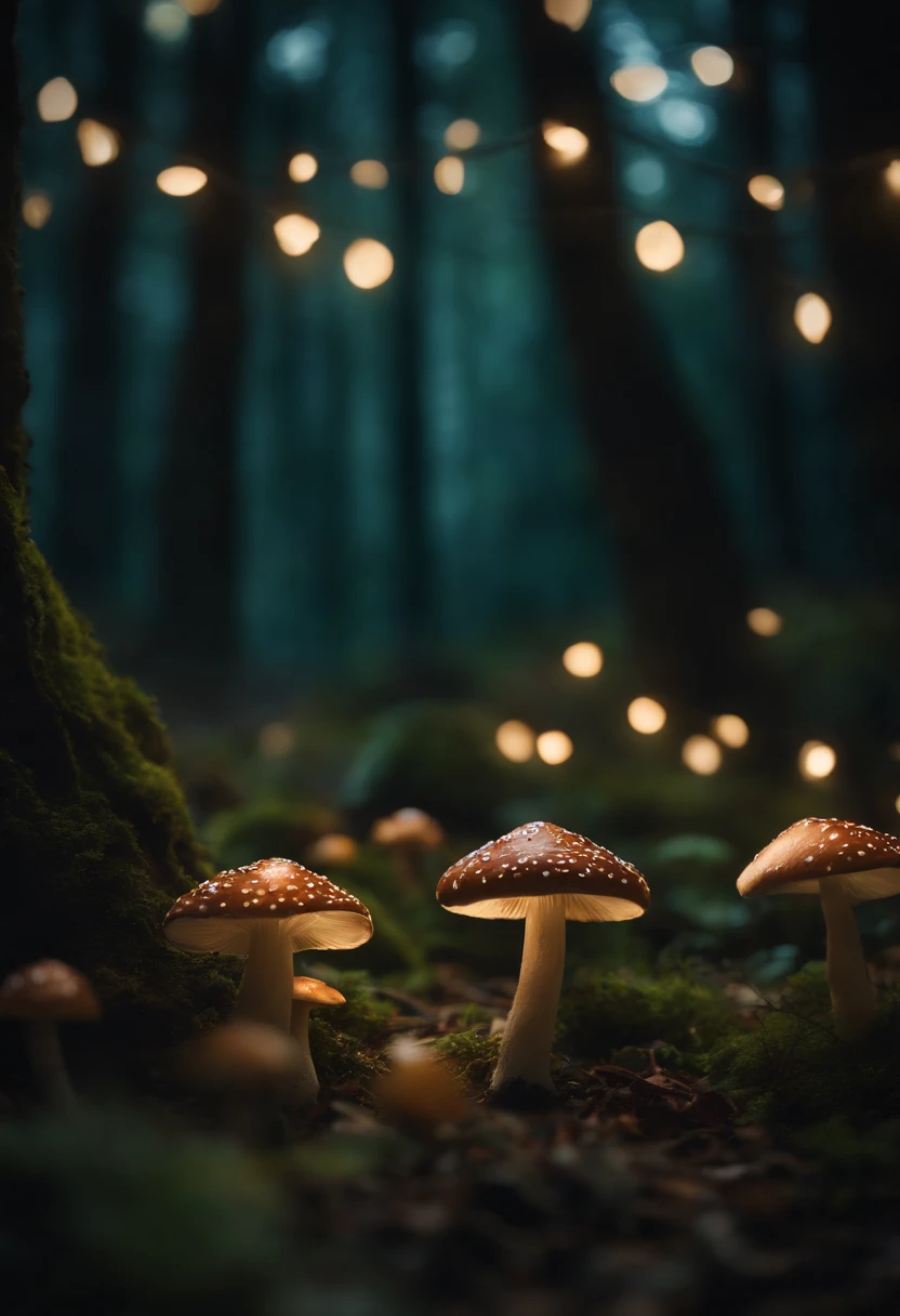 A whimsical, fairytale-inspired scene set in a magical forest, where vibrant mushrooms dot the forest floor and woodland creatures adorn the trees with twinkling lights