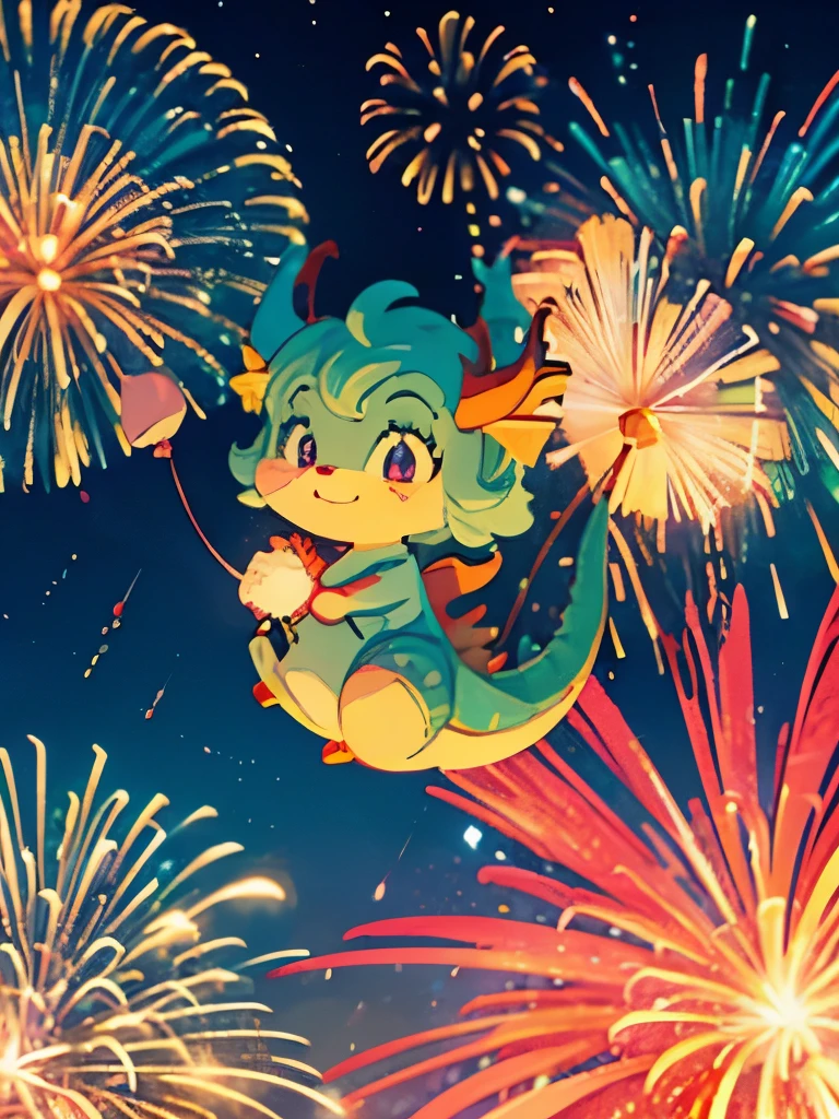 3D cartoon.Cartoon characters. A very cute dragon is watching beautiful and colorful fireworks in the Dreamland. Colorful Balloons and fireworks in the sky. Colorful, Pixar, Miracle moment, light blue, light pink and light green tone image