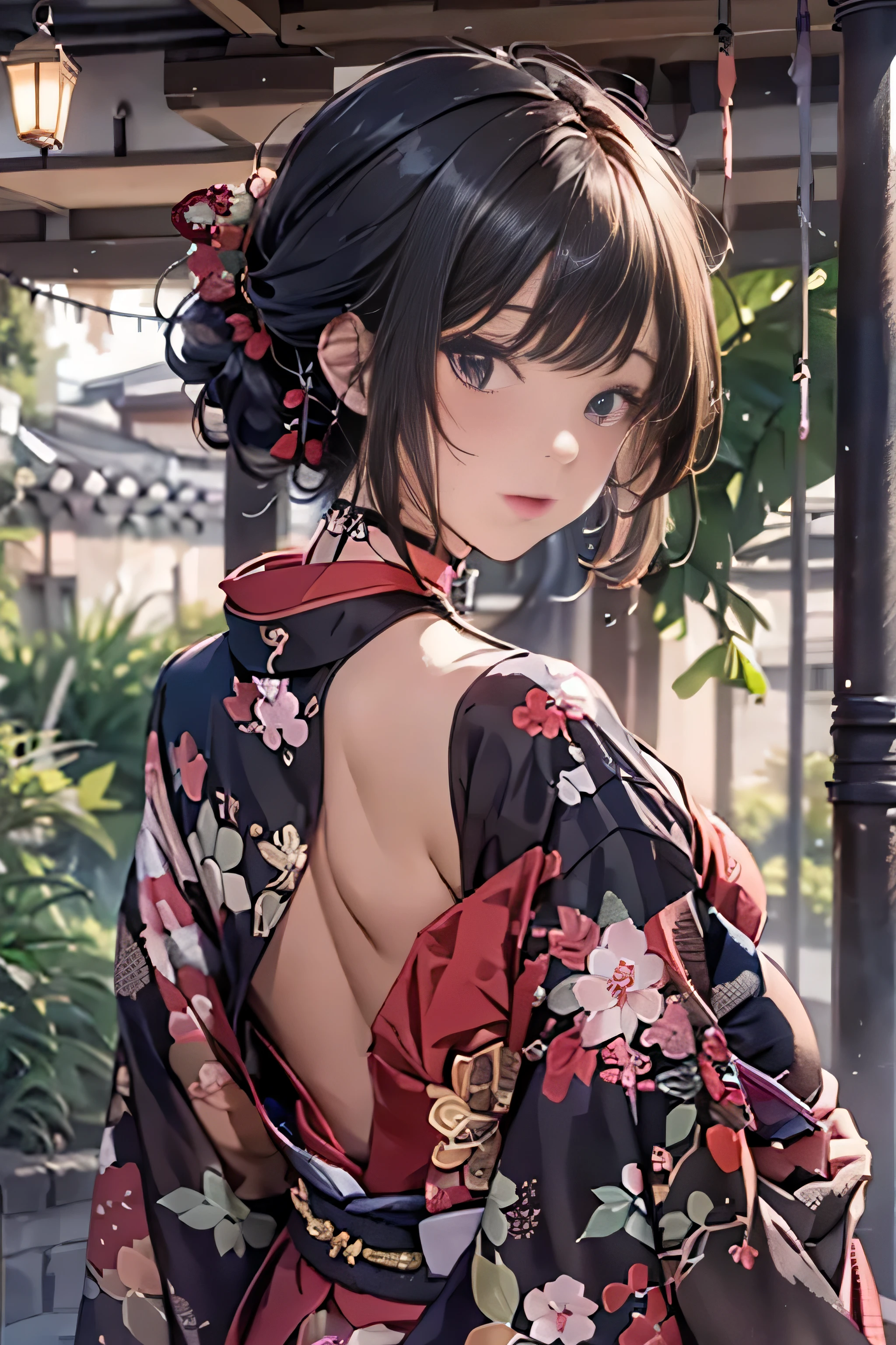 (top-quality,8K picture quality,​masterpiece:1.3,hight resolution,masutepiece:1.2, Realism:1.3), 23 year old woman wearing a kimono,Front view:0.8,full body Esbian:1.3,Looking at the camera,(Japanese dress, Kimono:1.4,Komono:1.2, a choker:1.4),(Shorthair:1.2,well-groomed black hair), (Back alley:1.3), Kimono comes off,thigh visible,I can see panties,teats see through, Beautiful face,(Young gravure idols, Young skinny gravure idol, sophisticated gravure idol),(detailed flawless face),normal hands:1.5,Normal finger:1:5,Normal legs:1.5