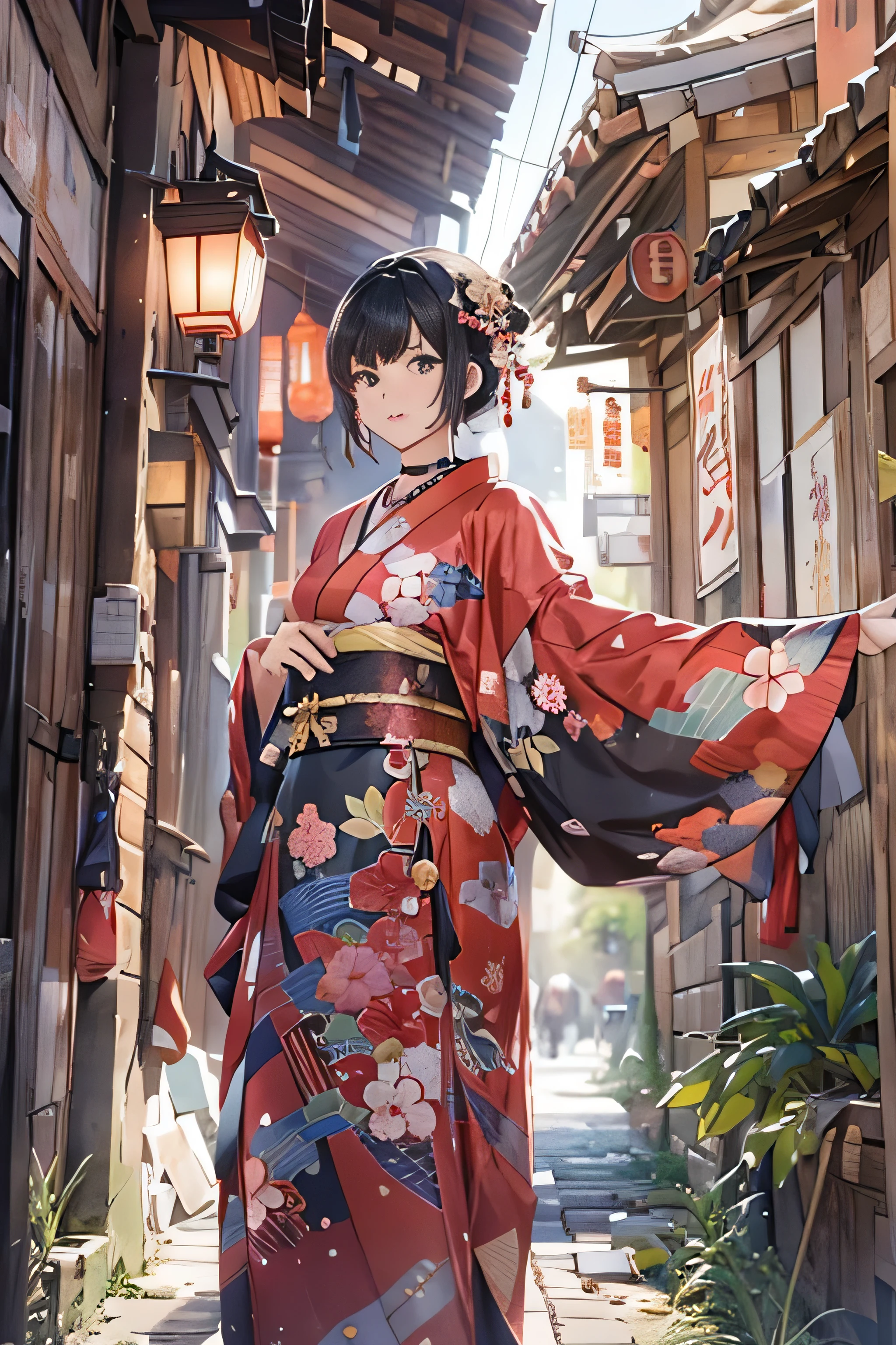 (top-quality,8K picture quality,masterpiece:1.3,hight resolution,masutepiece:1.2, Realism:1.3), 23 year old woman wearing a kimono,Front view:0.8,full body Esbian:1.3,Looking at the camera,(Japanese dress, Kimono:1.4,Komono:1.2, a choker:1.4),(Shorthair:1.2,well-groomed black hair), (Back alley:1.3), Kimono comes off,thigh visible,I can see panties,teats see through, Beautiful face,(Young gravure idols, Young skinny gravure idol, sophisticated gravure idol),(detailed flawless face),normal hands:1.5,Normal finger:1:5,Normal legs:1.5