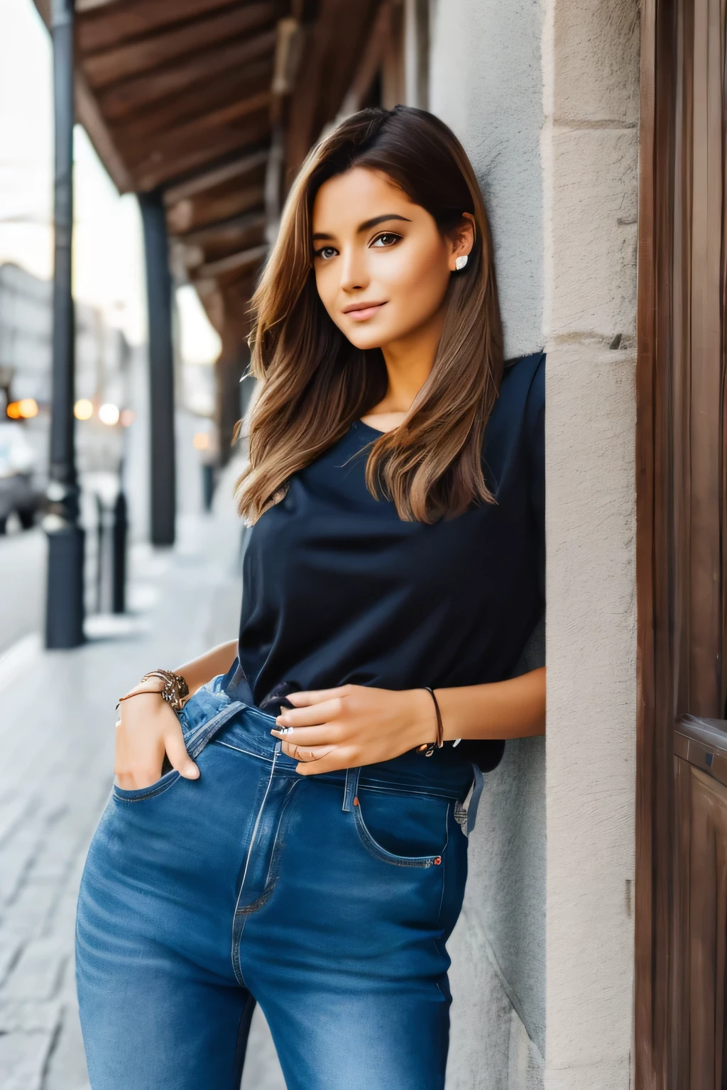 Arafed-Frau, elegante Freizeitkleidung tragen, long hair, Tragen von Freizeitkleidung, photo of a beautiful woman, elegant girl in outfit, niedliche junge frau, attraktive Frau, Legere Kleidung tragen, beautiful young woman, gorgeous woman, attraktive junge frau, in einem schwarzen T-Shirt, gorgeous young model