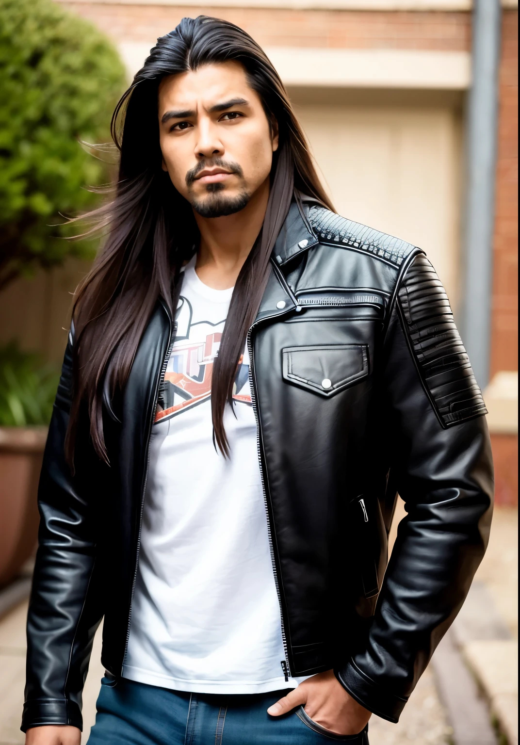 SFW, handsome long hair heavy metal guy, native american features, in leather jacket