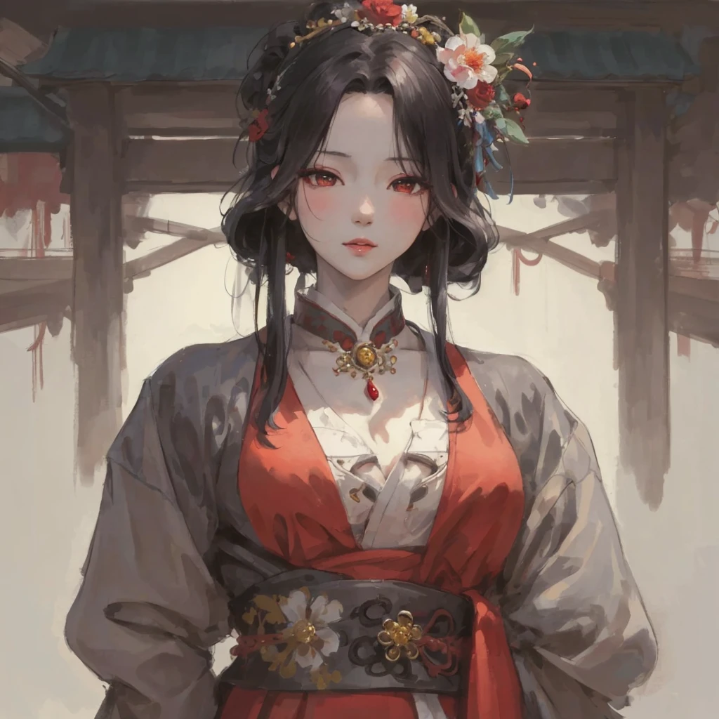 One wearing a red dress、Close-up of a woman with a flower in her hair, Guweiz style artwork, guweiz, A masterpiece by Guwiz, Belle peinture de personnage, 宮 ， A girl in Hanfu, guweiz on artstation pixiv, guweiz on pixiv artstation, author：Hero, by Yanjun Cheng