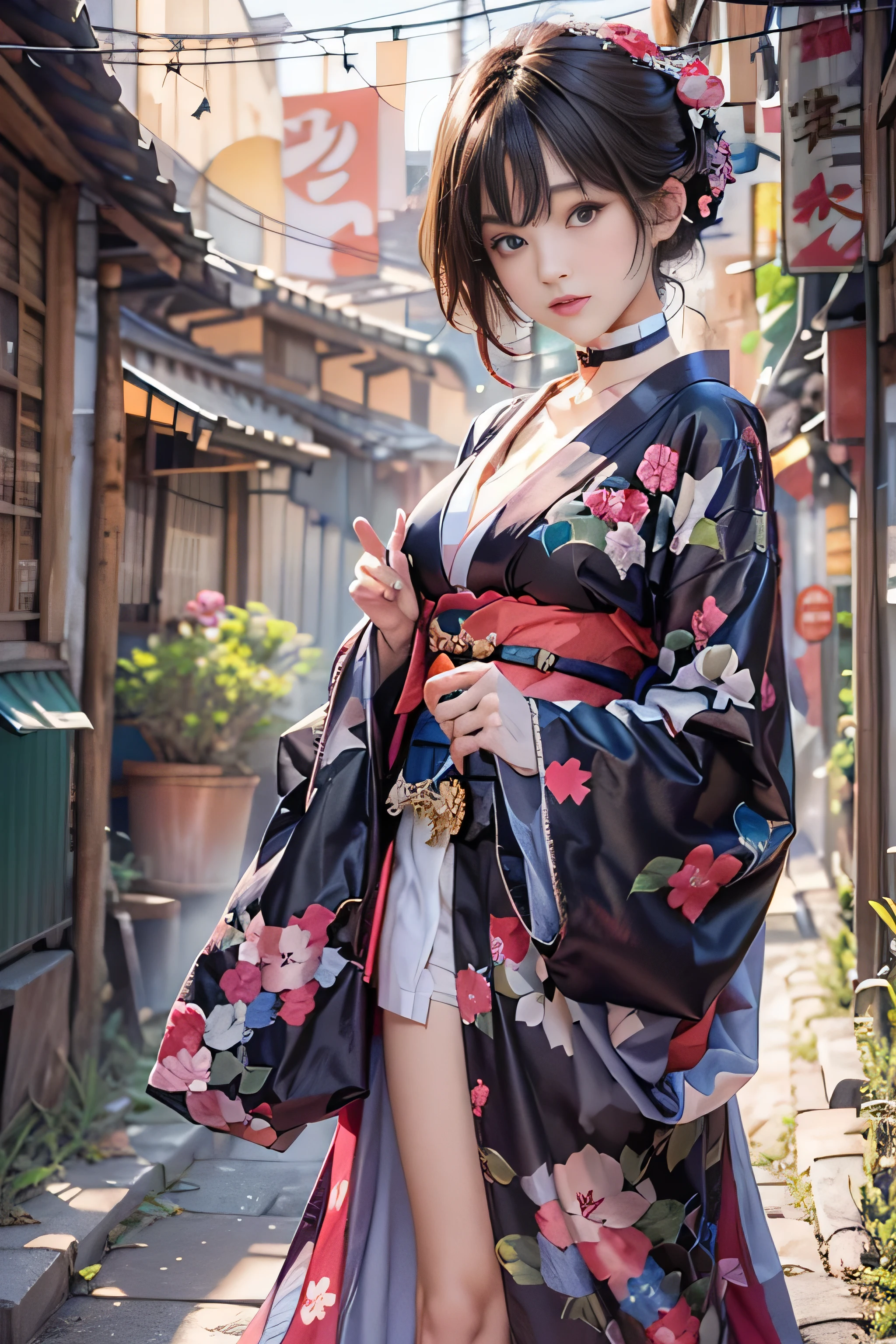 (top-quality,8K picture quality,​masterpiece:1.3,hight resolution,masutepiece:1.2, Realism:1.3), 23 year old woman wearing a kimono,Front view:0.8,full body Esbian:1.3,Looking at the camera,(Japanese dress, Kimono:1.4,Komono:1.2, a choker:1.4),(Shorthair:1.2,well-groomed black hair), (Back alley:1.3), Kimono comes off,thigh visible,I can see panties,teats see through, Beautiful face,(Young gravure idols, Young skinny gravure idol, sophisticated gravure idol),(detailed flawless face),normal hands:1.5,Normal finger:1:5,Normal legs:1.5