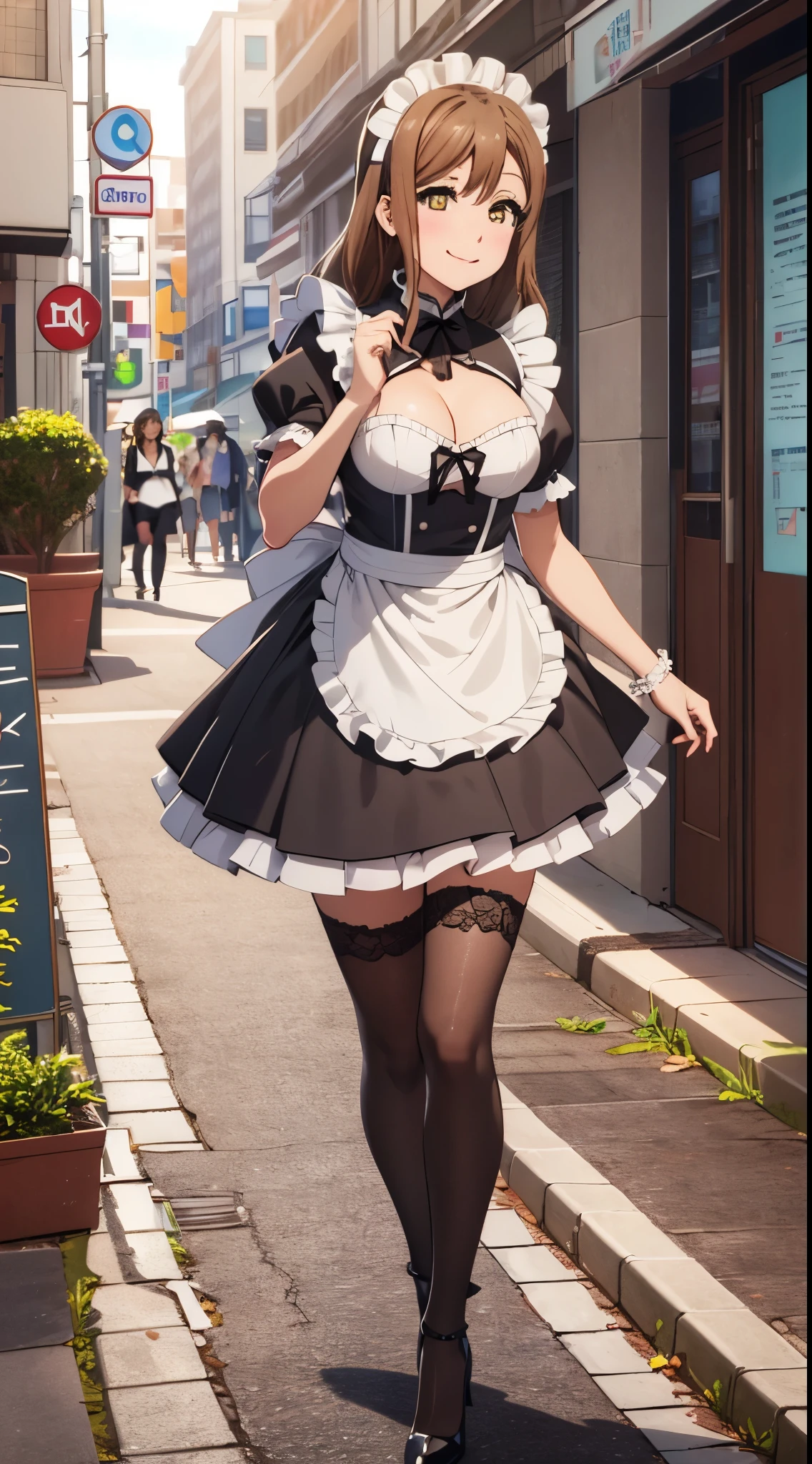 (pixel-perfect, detail-perfect), solo, 1girl, highly detailed, absirdres, masterpiece, illustration, game cg, hanamaru kunikida, beautiful detailed eyes, amber eyes, detailed face, maid, city street, thigh highs, high heels, cleavage, glossy lips, light smile