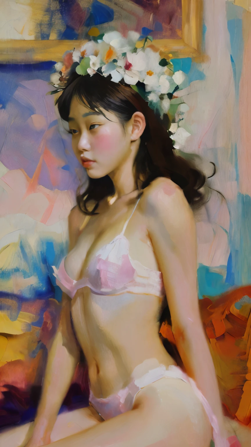 a close up of a woman with a flower crown on her head, asian features, jinyoung shin, inspired by Yanjun Cheng, traditional art, korean artist, gorgeous chinese model, yanjun chengt, fanart, by Ni Tian, beautiful south korean woman, official artwork, by Wu Bin, wenfei ye, popular south korean makeup, a young asian woman absolutely abstract Retro vintage art print, sexy, glamorous pin-up girl wearing a sailors hat, bikini, A painting of a woman wife ((golden ratio}} laying on the sofa after a long night on the town, a painting, a Beautiful expressive painting, malcolm liepke painting, glossy painting, beautiful digital painting, digital art painting, Fine paintings, monochromatic. malcolm liepke oil painting, impressionist painting.Spread your legs apart, beautiful and delicate face, fair skin