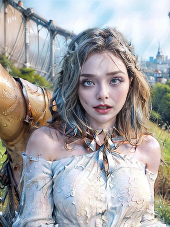RAW, masterpiece, ultra thin photo, best quality, ultra high resolution, photorealistic, sunlight, (medium full shot:1.5), incredibly beautiful, dynamic poses, delicate face, vibrant eyes, (side view), she is using a long medieval dress, multicolored eyes, light blue hair, (beaufiful thigh:1.3), (off-the-shoulder cut top:1.3), medieval city background, highly detailed abandoned, detailed face, detailed and complex busy background, gorgeous, milky white, Highly detailed skin, realistic skin details, visible pores, sharp focus, volumetric mist, moonlight night, 8k UHD, DSLR camera, high quality, film grain, fair skin, photorealism, lomography, expanding metropolis in medieval dystopia, view from below, translucent, (ahegao:1.5), (rolling eyes:1.5), fainting, (legspread), elizabeth_olsen