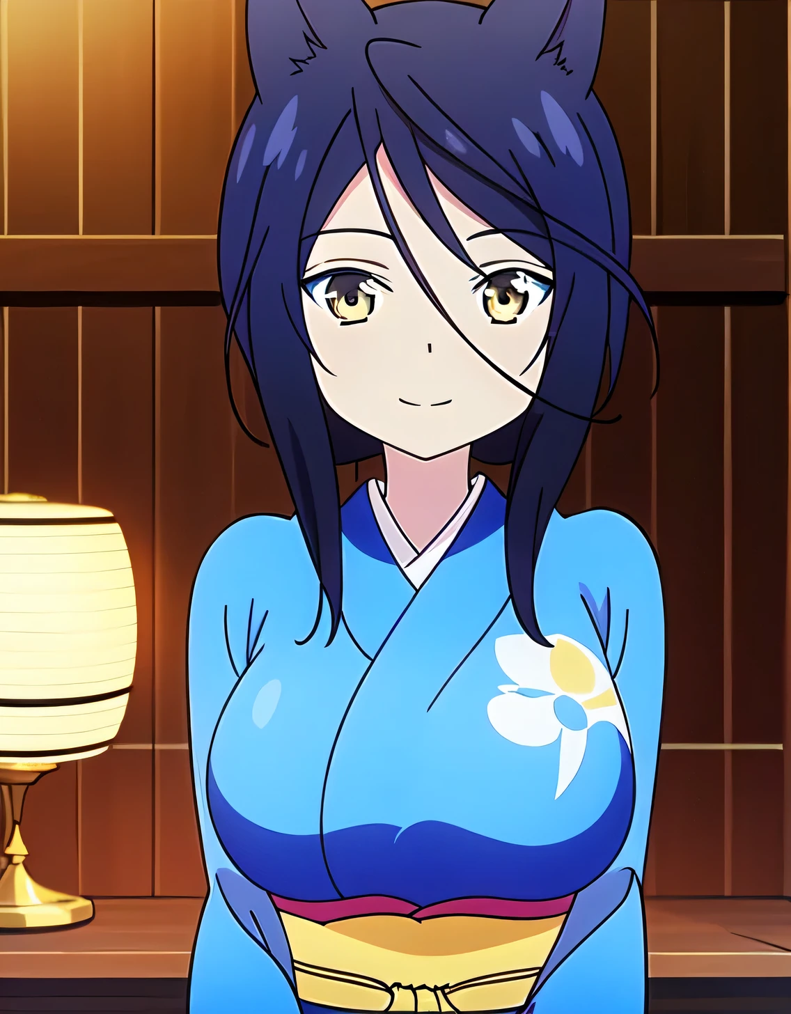 Satsuki,(Yellow eyes),blush,Kimono,Animal ears, lightsmile,Obi,komono,Indoor room,(Large breasts:1.5),Looking at Viewer,(((masutepiece))),((Best Quality)),Perfect Anatomy,8K UHD,extra detailed face,gloss and shiny,((1girl in)),((Solo)),(Beautiful detailed eyes:1.5),image perfect,(Upper body:1.1),(Look at the front:1.1),Arms behind,Slim waist,Shiny hair,Standing