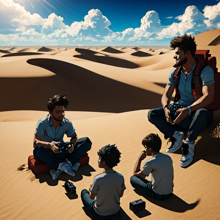 4 boys group sitting on cloud in desert and playing video games