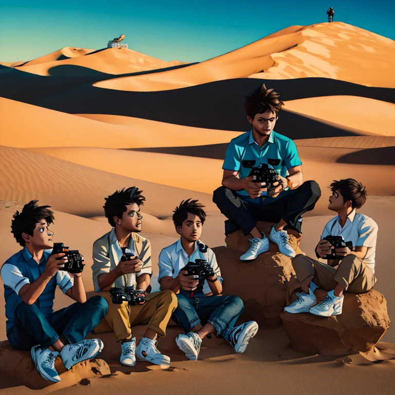 4 boys group sitting on cloud in desert and playing video games