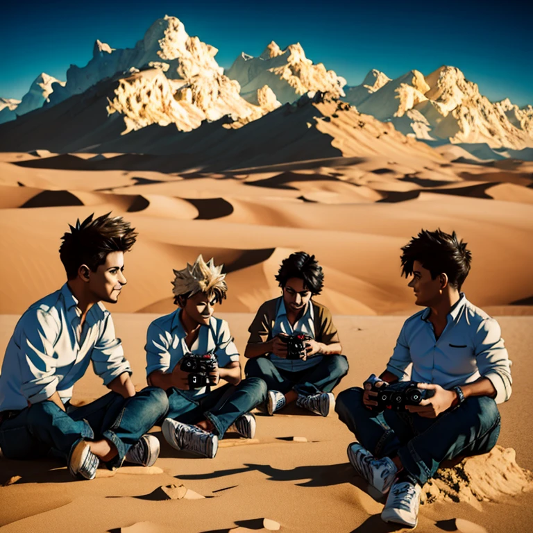 4 boys group sitting on cloud in desert and playing video games