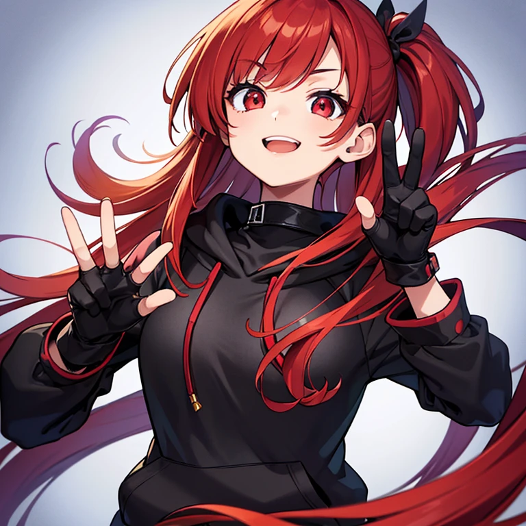 ((best quality)), ((masterpiece)), (detailed), perfect face, teenage girl, anime style, energetic, dynamic pose, bright smile, round eyes, dark red eyes, long red hair, black fingerless gloves, peace sign, hoodie outfit