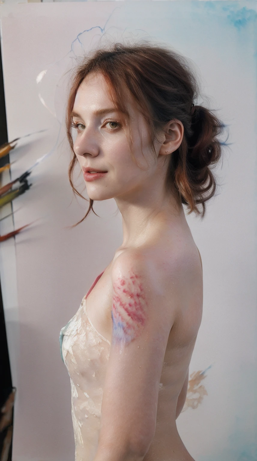 (8k, best quality, masterpiece:1.2),(best quality:1.0), (ultra highres:1.0), watercolor, a beautiful woman, shoulder, hair ribbons, by agnes cecile, half body portrait, extremely luminous bright design, pastel colors, (ink:1.3), autumn lights,