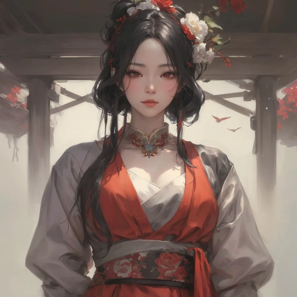One wearing a red dress、Close-up of a woman with a flower in her hair, Guweiz style artwork, guweiz, A masterpiece by Guwiz, Belle peinture de personnage, 宮 , A girl in Hanfu, guweiz on artstation pixiv, guweiz on pixiv artstation, author:Hero, by Yanjun Cheng