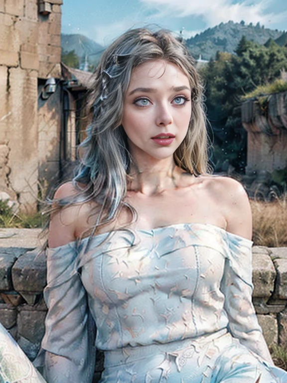 RAW, masterpiece, ultra thin photo, best quality, ultra high resolution, photorealistic, sunlight, (medium full shot:1.5), incredibly beautiful, dynamic poses, delicate face, vibrant eyes, (side view), she is using a long medieval dress, multicolored eyes, light blue hair, (beaufiful thigh:1.3), (off-the-shoulder cut top:1.3), medieval city background, highly detailed abandoned, detailed face, detailed and complex busy background, gorgeous, milky white, Highly detailed skin, realistic skin details, visible pores, sharp focus, volumetric mist, moonlight night, 8k UHD, DSLR camera, high quality, film grain, fair skin, photorealism, lomography, expanding metropolis in medieval dystopia, view from below, translucent, (ahegao:1.5), (rolling eyes:1.5), fainting, (legspread), elizabeth_olsen