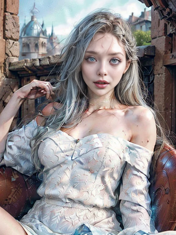 RAW, masterpiece, ultra thin photo, best quality, ultra high resolution, photorealistic, sunlight, (medium full shot:1.5), incredibly beautiful, dynamic poses, delicate face, vibrant eyes, (side view), she is using a long medieval dress, multicolored eyes, light blue hair, (beaufiful thigh:1.3), (off-the-shoulder cut top:1.3), medieval city background, highly detailed abandoned, detailed face, detailed and complex busy background, gorgeous, milky white,  Highly detailed skin, realistic skin details, visible pores, sharp focus, volumetric mist, moonlight night, 8k UHD, DSLR camera, high quality, film grain, fair skin, photorealism, lomography, expanding metropolis in medieval dystopia, view from below, translucent, (ahegao:1.5), (rolling eyes:1.5), fainting, (legspread), elizabeth_olsen