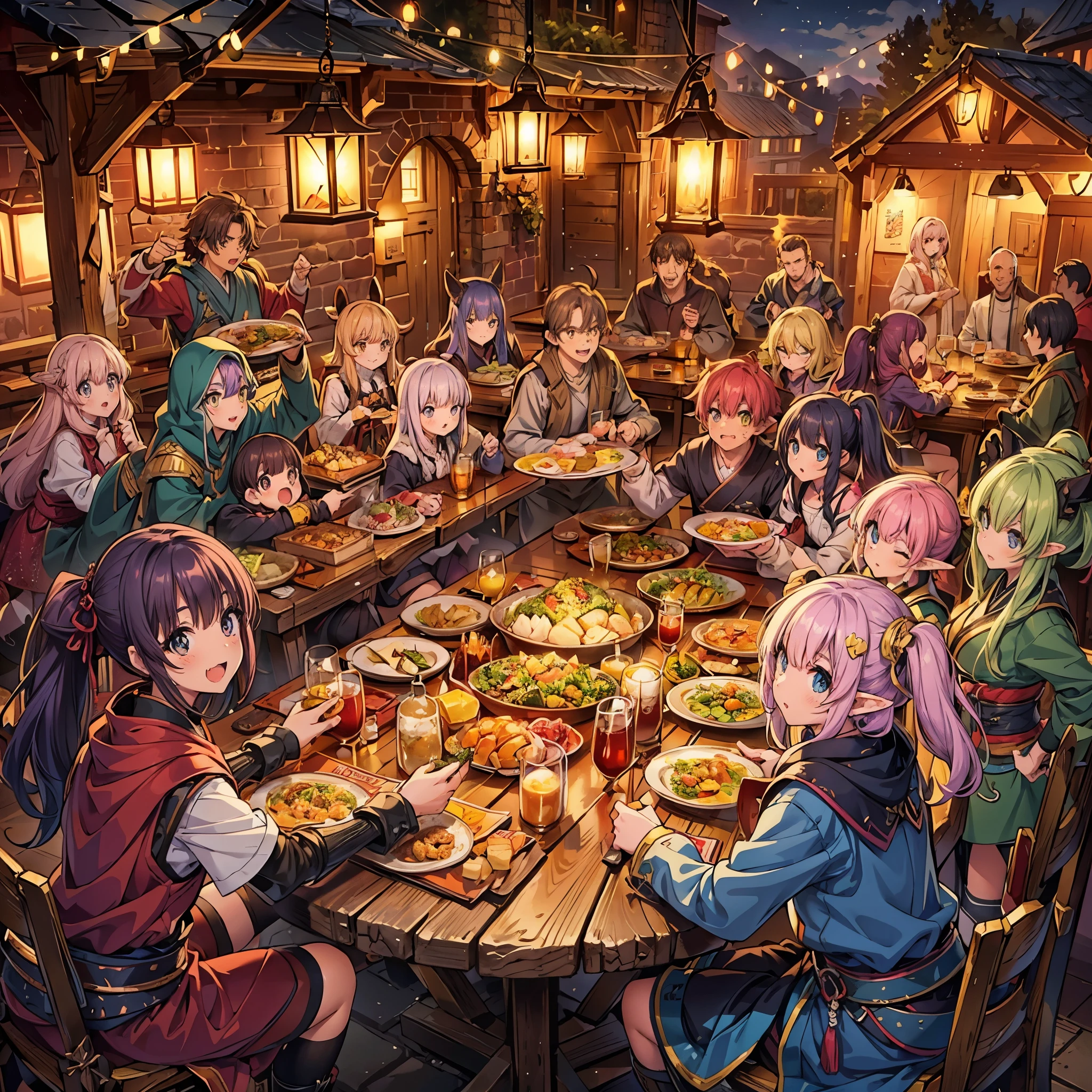 (masterpiece), best quality, ultra detailed, expressive eyes, perfect face,Fantasy art, a dozen people of different races toasting together in a medieval pub at night, Cheers with alcohol,reveling, happy, ecstasy, (exaggerated expressions:1.3), (exaggerated movements:1.5),Human,Elf,Dwarf,kemomimi, warrior, ranger, mage, archer, ninja, samurai, black hair, yellow hair, red hair, pink hair,purple hair, short hair, long hair, ponytail, twintails, (Lots of dishes on table:1.2) , (Large_meals on table:1.2), vivid color