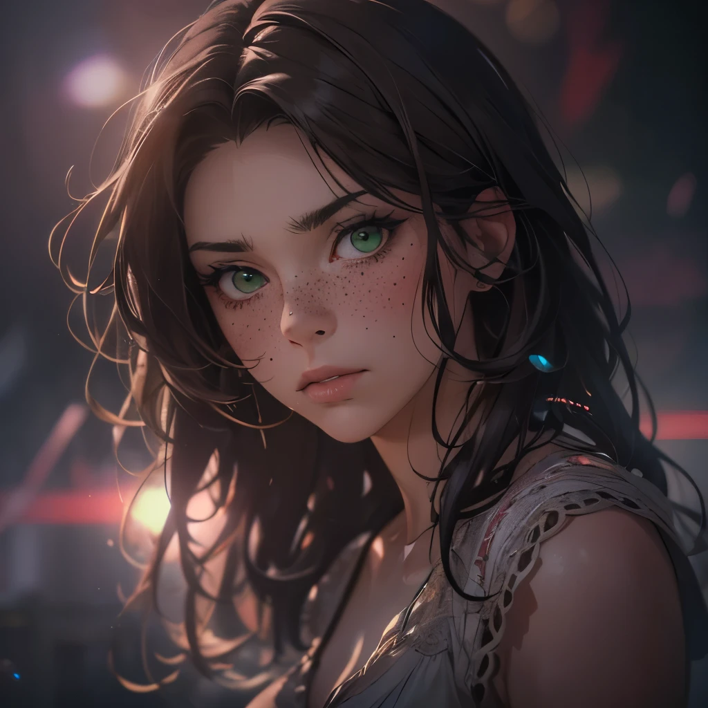 (masterpiece), 8k cg, stunningly beautiful girl, intricate details, chromatic aberration, ((bust shot)), ((looking at viewer)), 1girl, (fluffy brown hair, green eyes, freckles, sundress), extremely beautiful and delicate portrait, 16 year old, frown, blush, makeup, absurdres, cinematic lighting, dynamic lighting, fantasy, ((dark background, fog))