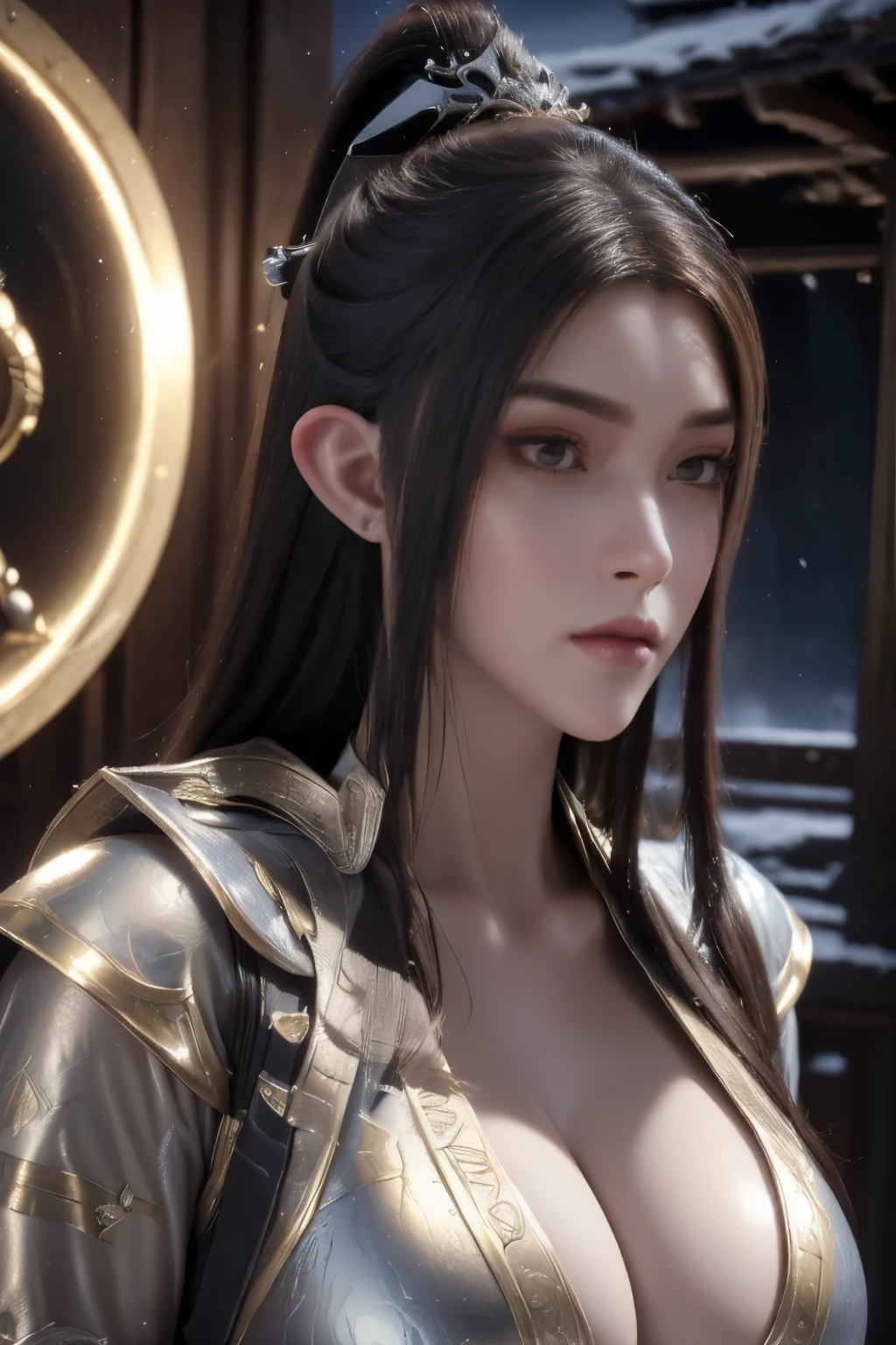 Masterpiece,The best qualities,Very high resolution,8K,((Portrait)),((Head close-up)),Original photo,real photo,digital photography,(A medieval fantasy-style female mercenary),(Medieval female adventurers),21-year-old girl,(Long hair),Red eyes,Realistic,beautiful charming,Elegant and noble,(Seriouig breasts)),(Paladin Armor,Animal skin productantasy style animal skin combat suit,Joint Armor,Magic-driven light,A fine emblem),Photo pose,Medieval characterantasy style,( Elven Knight ),Valkyrie,medieval city background,oc render reflection texture