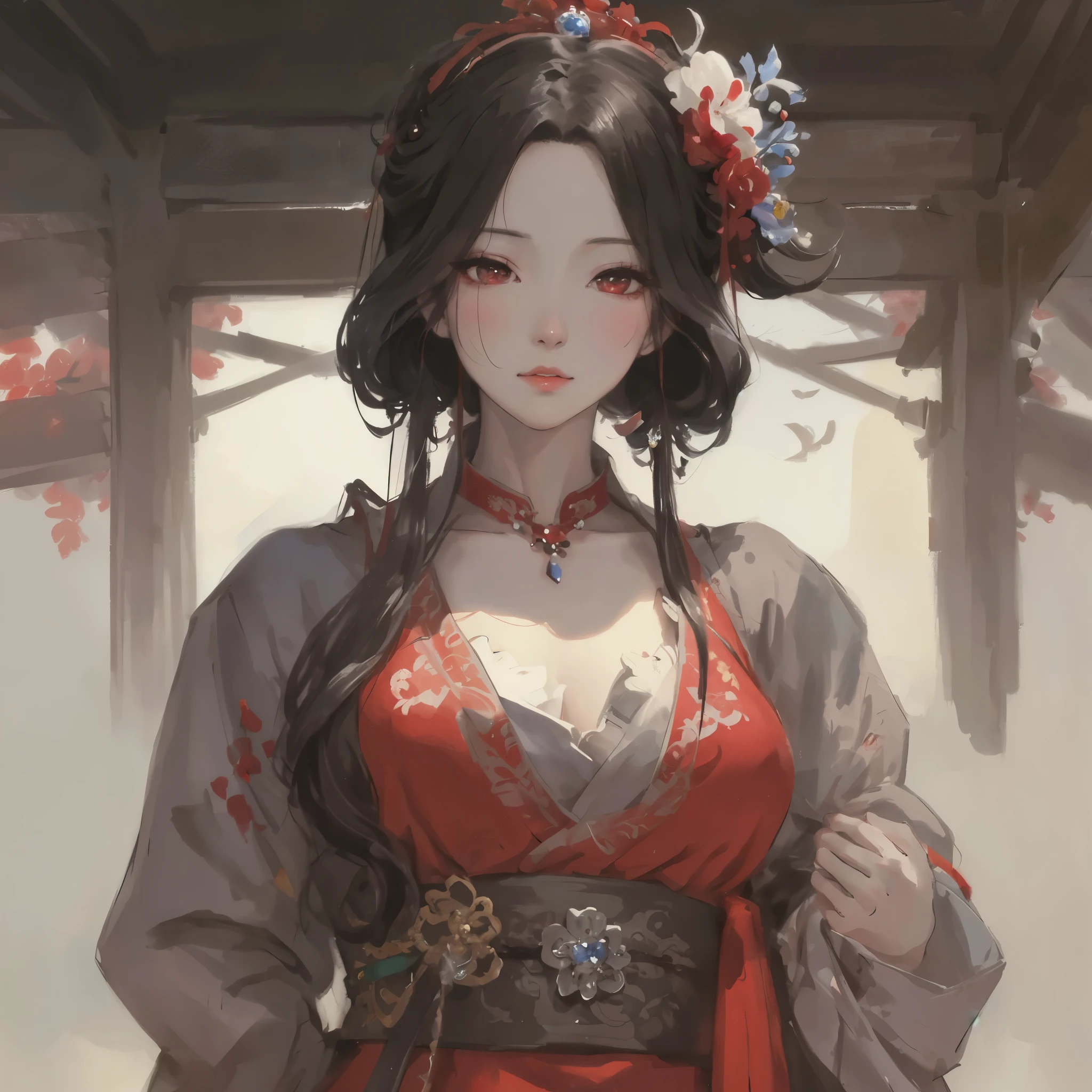 One wearing a red dress、Close-up of a woman with a flower in her hair, Guweiz style artwork, guweiz, A masterpiece by Guwiz, Belle peinture de personnage, 宮 , A girl in Hanfu, guweiz on artstation pixiv, guweiz on pixiv artstation, author:Hero, by Yanjun Cheng