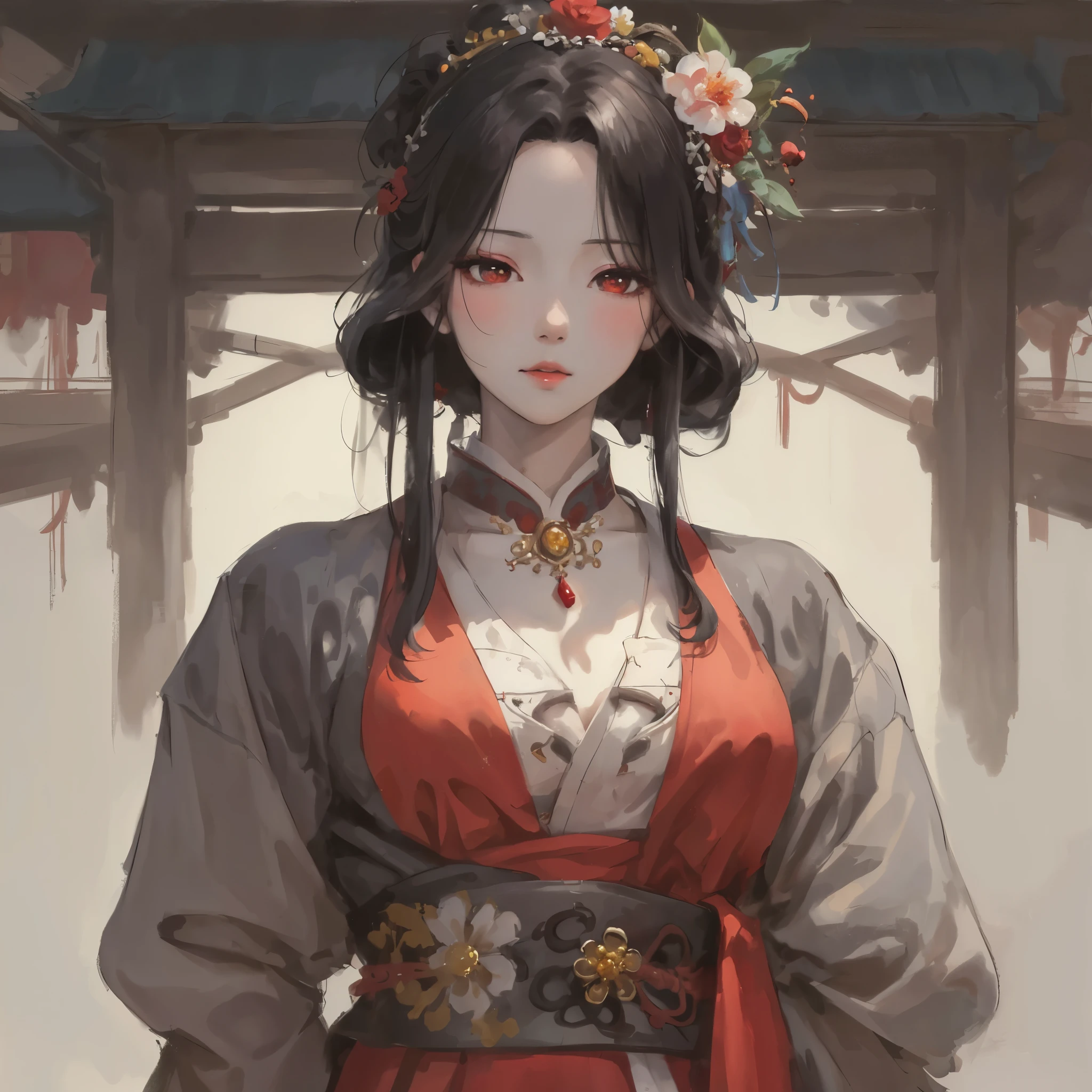 Anime girl kneeling on the ground，His face was covered in blood, palace ， Girl wearing Hanfu, Anime girl squatting, Beautiful anime girl squatting, Beautiful character painting, Gu Weiss, Chinese painting style, Onmyoji detailed art, Wearing Chinese clothes, Onmyoji, Chinese watercolor style, artwork in the style of Gu Weiss