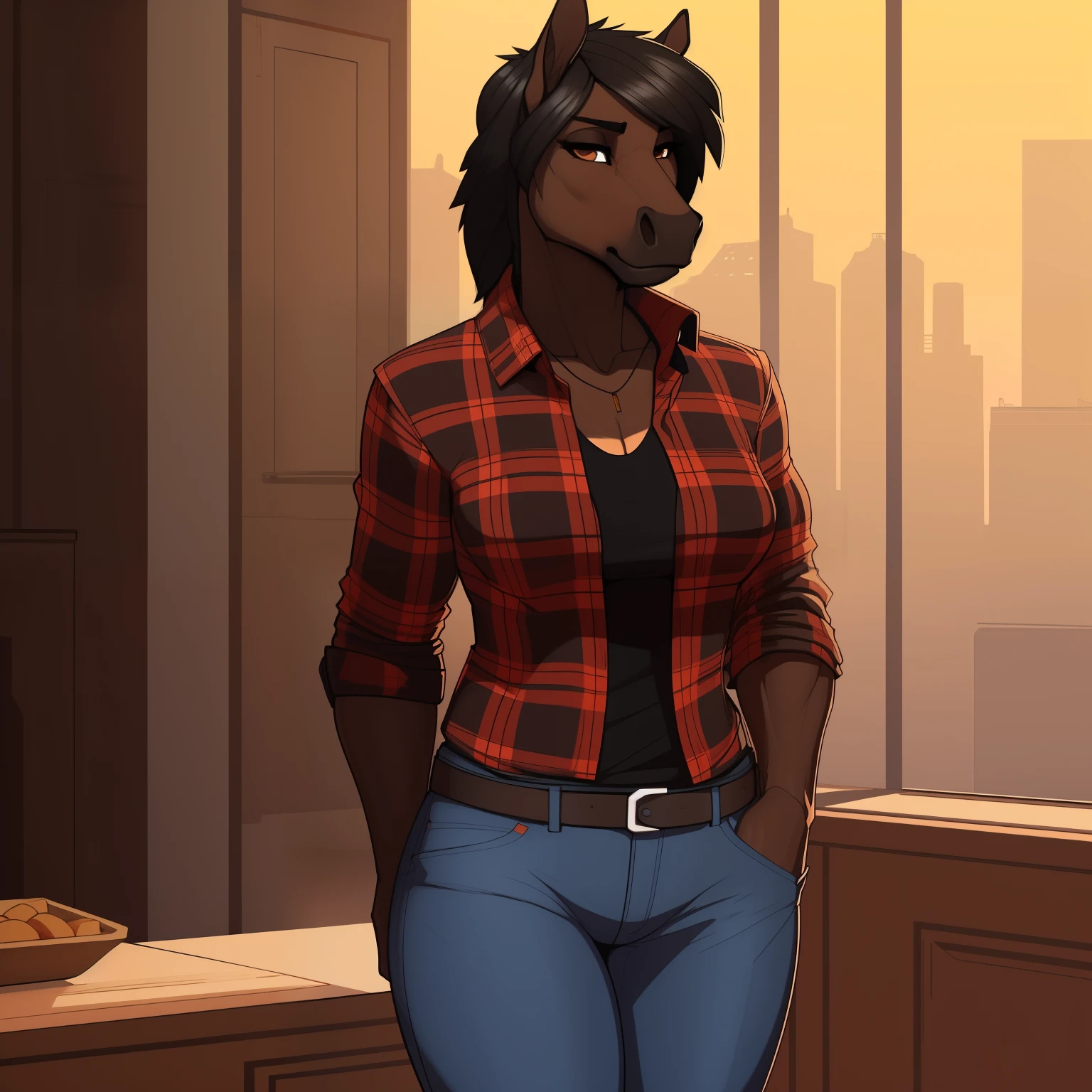 Broad_muscular_horse female solo black_hair tomboy_haircut dark_brown_furry_body brown_eyes Masterpiece best_quality absurdres highly_detailed jeans flannel_shirt cleanly_drawn_eyes anthro_only by_claweddrip, by_greasymojo, by_underscore-b, by_runawaystride horse_snout