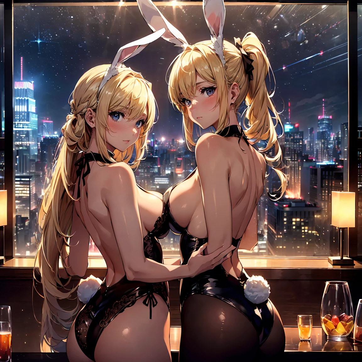 (((Advertising:1,4))), Award-Winning Works, (top-quality,High resolution,(Ultra high definition,4K), (超A high resolution,in 8K),masutepiece:1.2), (Perfect Anatomy,Anatomically accurate), (Angle from below), (Soft lighting, rendered), Vibrant colors, ((very beautiful mother and daughter)), (((Detailed Bunny Girl))), (Gather in a luxury bar lounge), ((Beautiful night view from the luxury lounge)), (from the rear, Look back:1.2), (express fun), (extremely detailed and beautiful face), (Crisp double eyelids), (Large breasts:1.3), (Soft skin), (Photorealistic), (shinny skin), (blondehair), (poneyTail), Captured with Sony FE GM