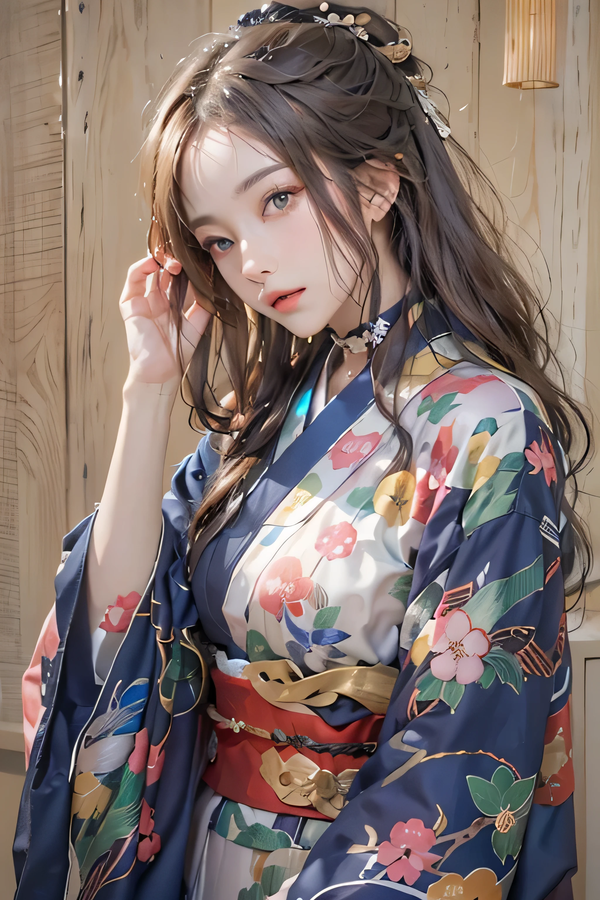 (top-quality,8K picture quality,masterpiece:1.3,hight resolution,masutepiece:1.2, Realism:1.3), 1womanl, glistning skin, Solo,Front view:0.8,full body Esbian:1.3,Looking at the camera,(Japanese dress, Kimono:1.4,Komono:1.2, a choker:1.4),The tattoo,Jewelry, (Long hair:1.2), Blue Eye