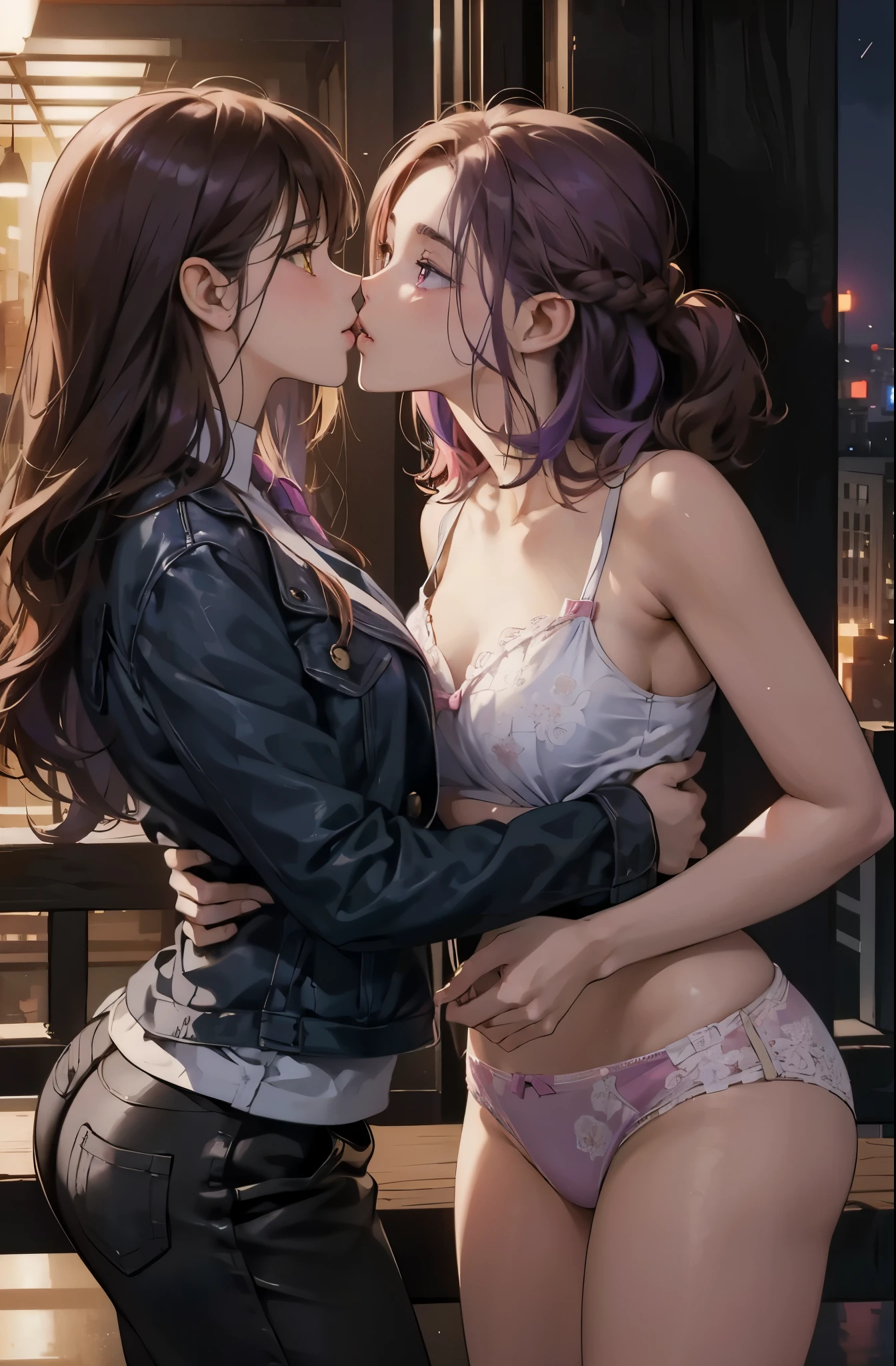 Anime oil painting of Two girls kissing, woman's underwear, office view the city so far background, 4k, HD, so many details, vibrant colors, intense colors hairs, hairs styles so really different, the girl of the right have brown hair and yellow eyes, and the girl of the left have purple hair and pink eyes, night environment,