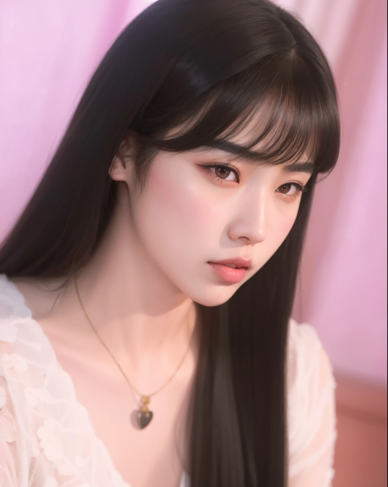 Araffe Asian woman with long black hair and a necklace, Dom Yunjoo, Kim Doyoung, Ulzzang, Ela tem cabelo preto com franja, Retrato de Jossi de Blackpink, Sakimichan, Portrait of female Korean idol, Retrato Jisoo Blackpink, Jaeyeon Nam, foto de perfil headshot, Heonhwa Choe, Jinyoung Canela