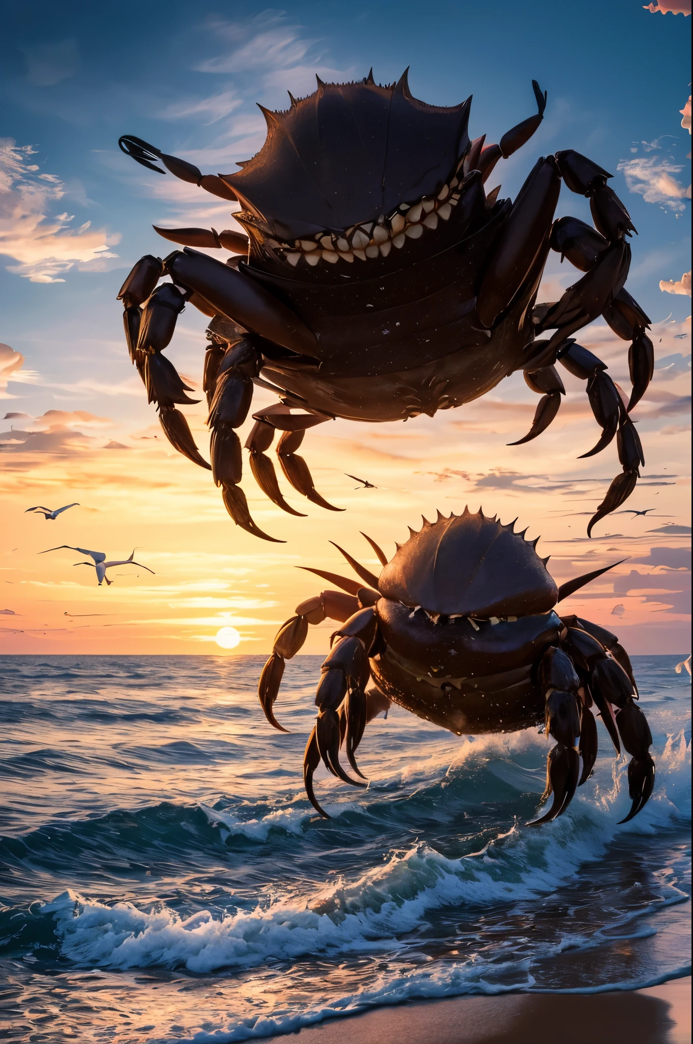 (best quality,highres,masterpiece:1.2),ultra-detailed,realistic,physically-based rendering,humanoid monster,crab-like chitinous plates,creepy,dressed like a Disney princess,beach,princess,creepy eyes,crab-like legs,unique texture,claws,scary appearance,hauntingly beautiful,ethereal,monster princess,unsettling atmosphere,fantasy,horror,fairy tale,beach landscape,sunset lighting,mysterious ambiance,otherworldly presence,colossal size,unsettling charm,vivid colors,waves crashing,seagulls,strolling gracefully,seaside breeze,curiosity,contrast of beauty and darkness.