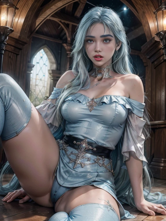 RAW, masterpiece, ultra thin photo, best quality, ultra high resolution, photorealistic, sunlight, (medium full shot:1.5), incredibly beautiful, dynamic poses, delicate face, (very fine eyebrows:1.1), vibrant eyes, (side view), she is using a long medieval dress, multicolored eyes, (light blue hair:1.5), (beaufiful thigh:1.3), (off-the-shoulder cut top:1.3), medieval city background, highly detailed abandoned, detailed face, detailed and complex busy background, gorgeous, milky white, Highly detailed skin, realistic skin details, visible pores, sharp focus, volumetric mist, moonlight night, 8k UHD, DSLR camera, high quality, film grain, fair skin, photorealism, lomography, expanding metropolis in medieval dystopia, view from below, translucent, (ahegao:1.5), (rolling eyes:1.5), fainting, (legspread), JenniferConnelly90s