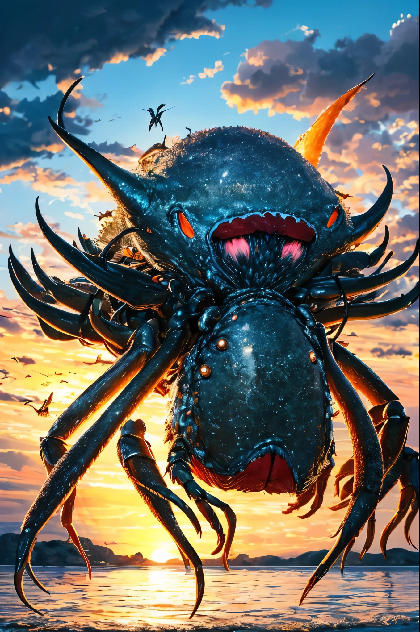 (best quality,highres,masterpiece:1.2),ultra-detailed,realistic,physically-based rendering,humanoid monster,crab-like chitinous plates,creepy,dressed like a Disney princess,beach,princess,creepy eyes,crab-like legs,unique texture,claws,scary appearance,hauntingly beautiful,ethereal,monster princess,unsettling atmosphere,fantasy,horror,fairy tale,beach landscape,sunset lighting,mysterious ambiance,otherworldly presence,colossal size,unsettling charm,vivid colors,waves crashing,seagulls,strolling gracefully,seaside breeze,curiosity,contrast of beauty and darkness.