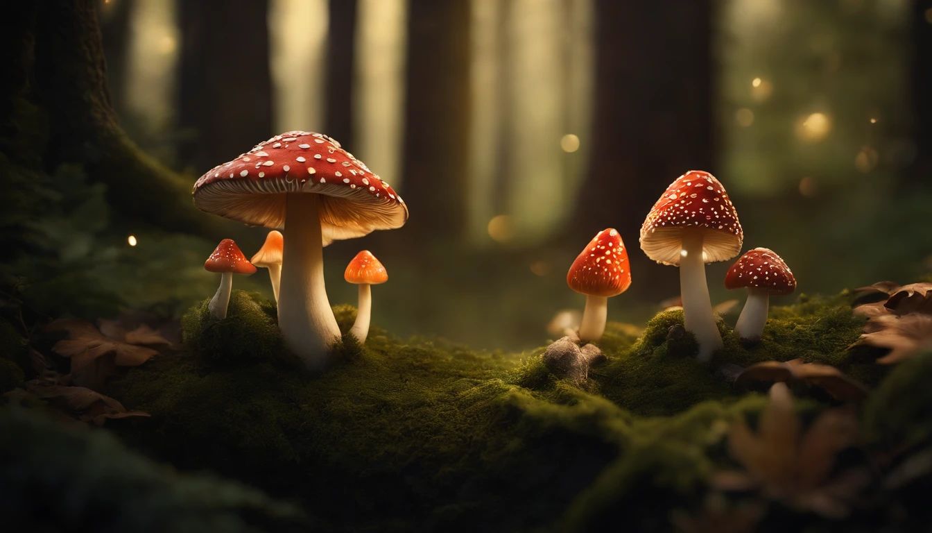 A whimsical, fairytale-inspired scene set in a magical forest, where vibrant mushrooms dot the forest floor and woodland creatures adorn the trees with twinkling lights