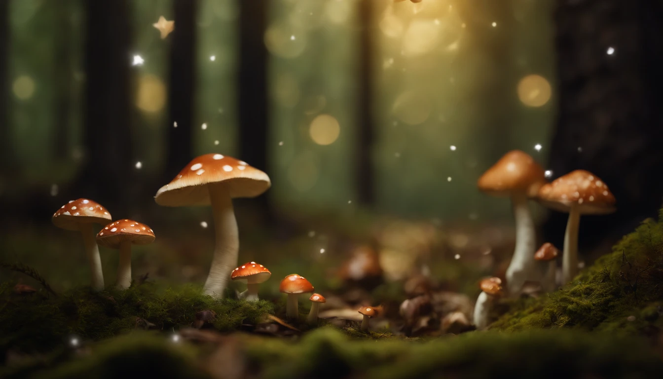 A whimsical, fairytale-inspired scene set in a magical forest, where vibrant mushrooms dot the forest floor and woodland creatures adorn the trees with twinkling lights