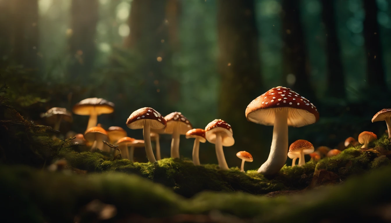 A whimsical, fairytale-inspired scene set in a magical forest, where vibrant mushrooms dot the forest floor and woodland creatures adorn the trees with twinkling lights