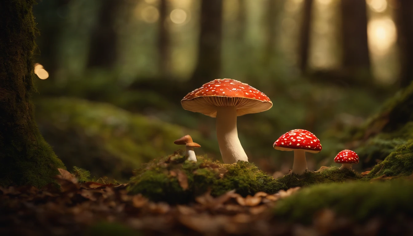 A whimsical, fairytale-inspired scene set in a magical forest, where vibrant mushrooms dot the forest floor and woodland creatures adorn the trees with twinkling lights
