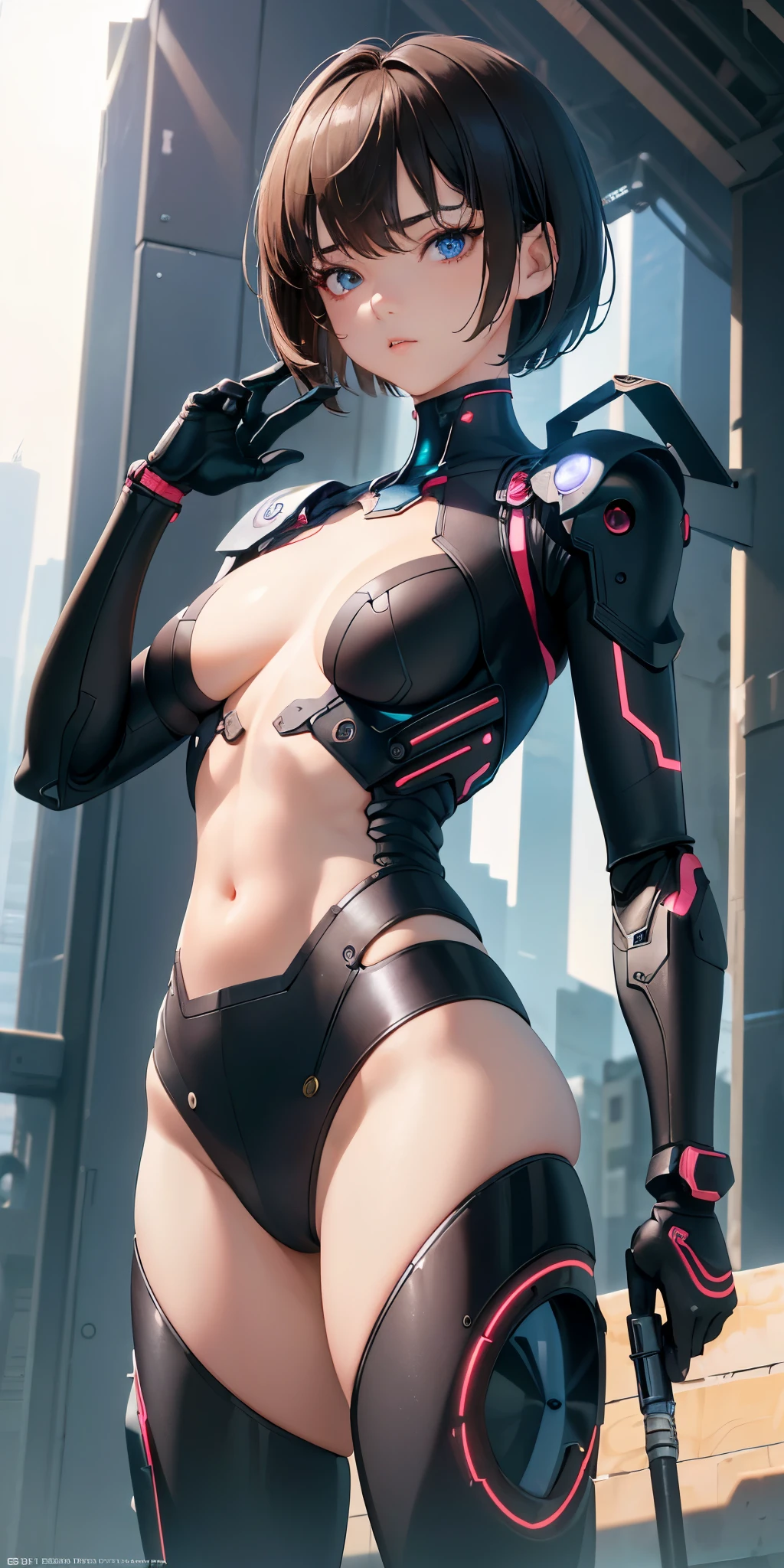 (masterpiece Best Quality, absurderes, Perfect Anatomy, Unity 8k Wallpapers,best cell anime), Detailed beautiful face and eyes,(focus 1woman,solo:1.2),18-year-old beauty、short cut hair,dark brown hair,(smaller head,skinny,medium breasts),Equipped with futuristic weapons、cyber punk,