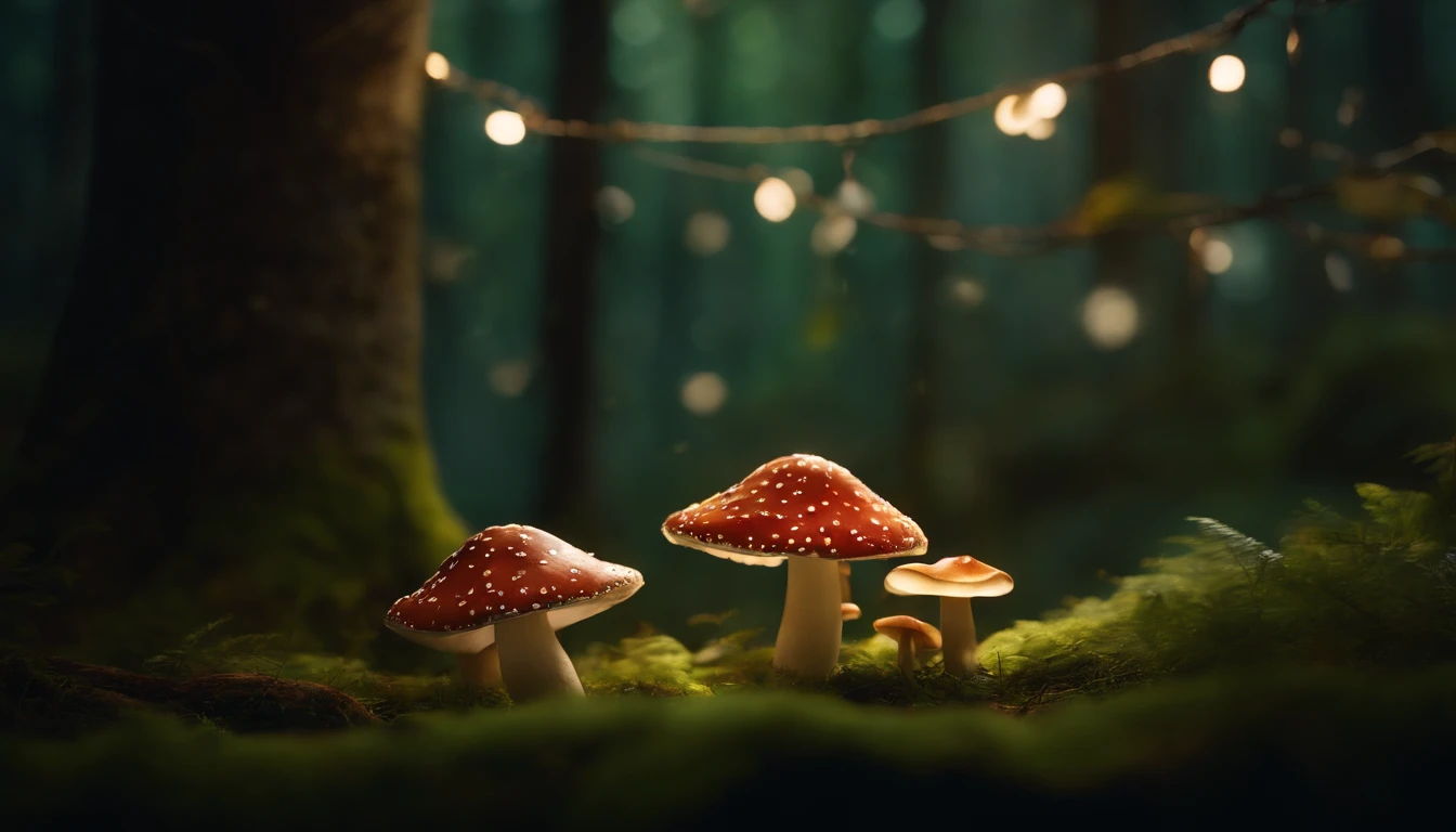 A whimsical, fairytale-inspired scene set in a magical forest, where vibrant mushrooms dot the forest floor and woodland creatures adorn the trees with twinkling lights