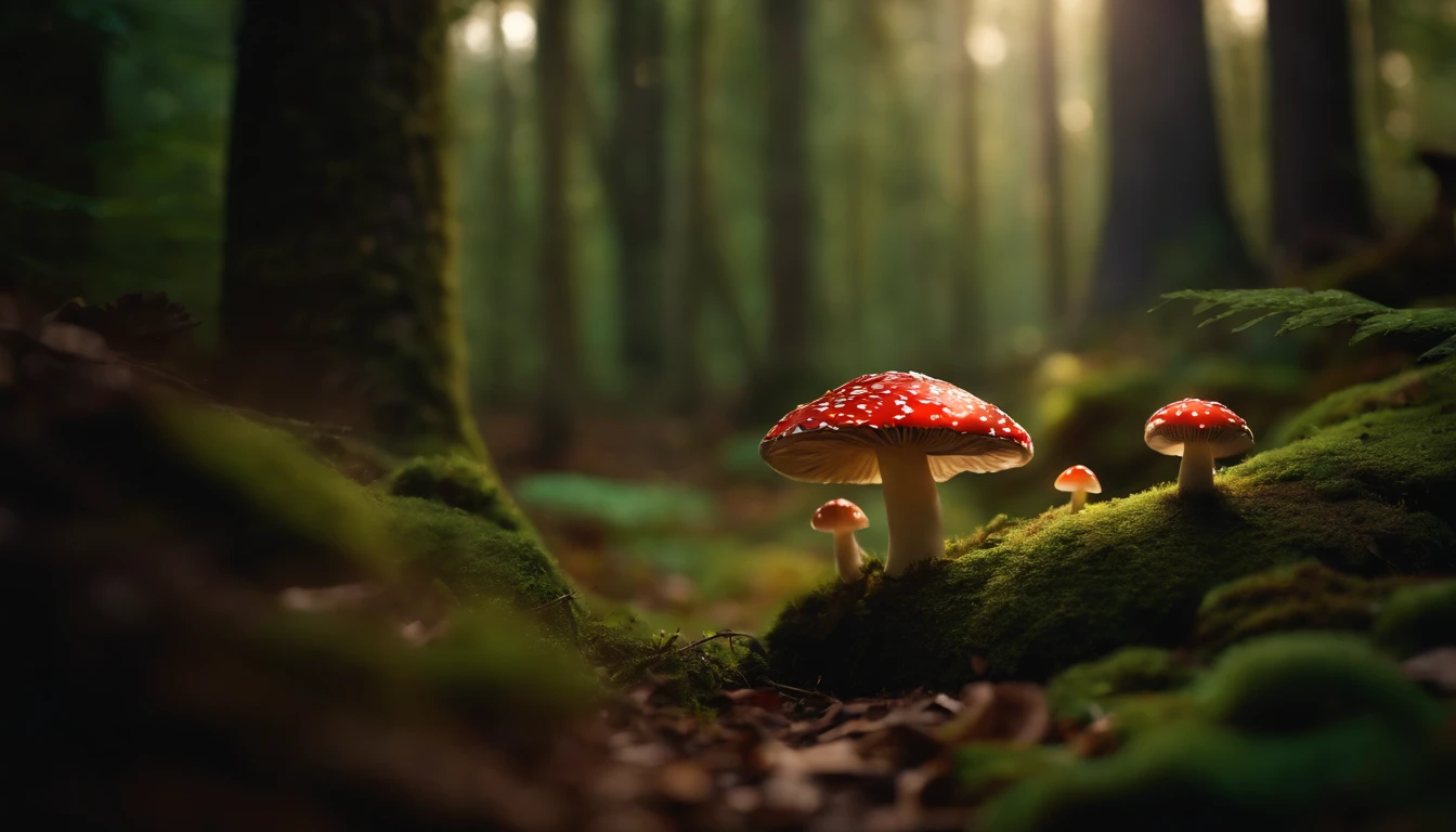 A whimsical, fairytale-inspired scene set in a magical forest, where vibrant mushrooms dot the forest floor and woodland creatures adorn the trees with twinkling lights